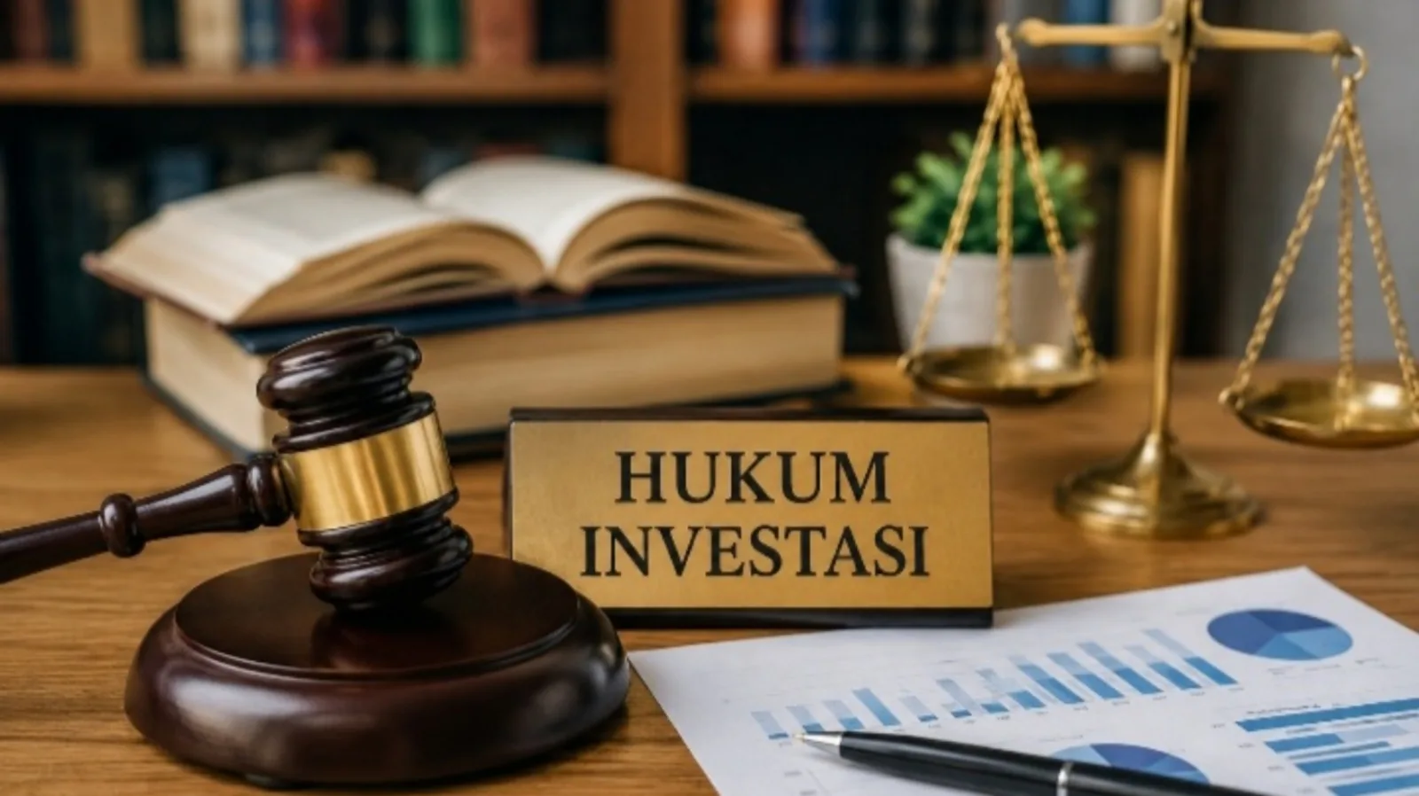 Ilustrasi kegiatan investasi dan penanaman modal dalam perspektif hukum ekonomi di Indonesia, meliputi investor, pembangunan ekonomi, dan kepastian hukum.