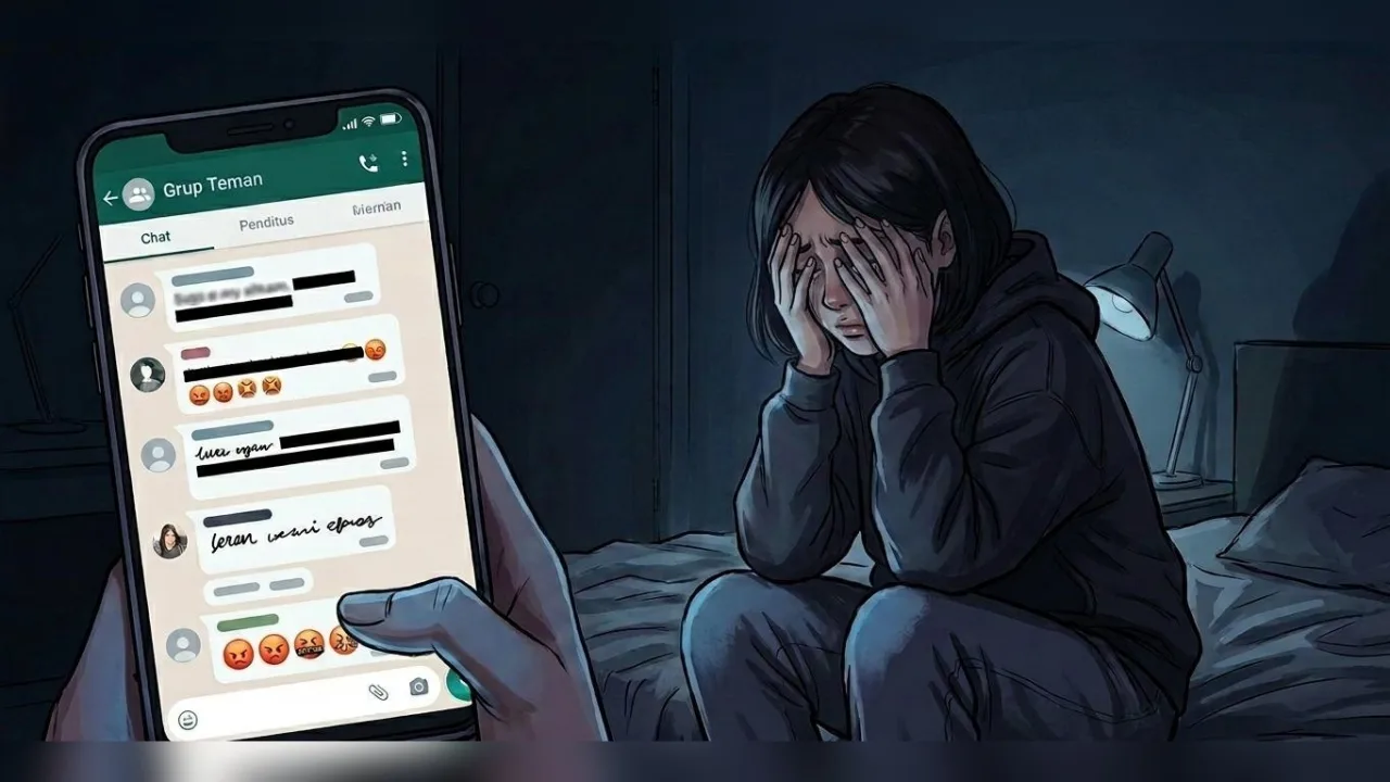 ilustrasi korban kekerasan seksual berbasis elektronik dalam ruang percakapan digital tertutup
