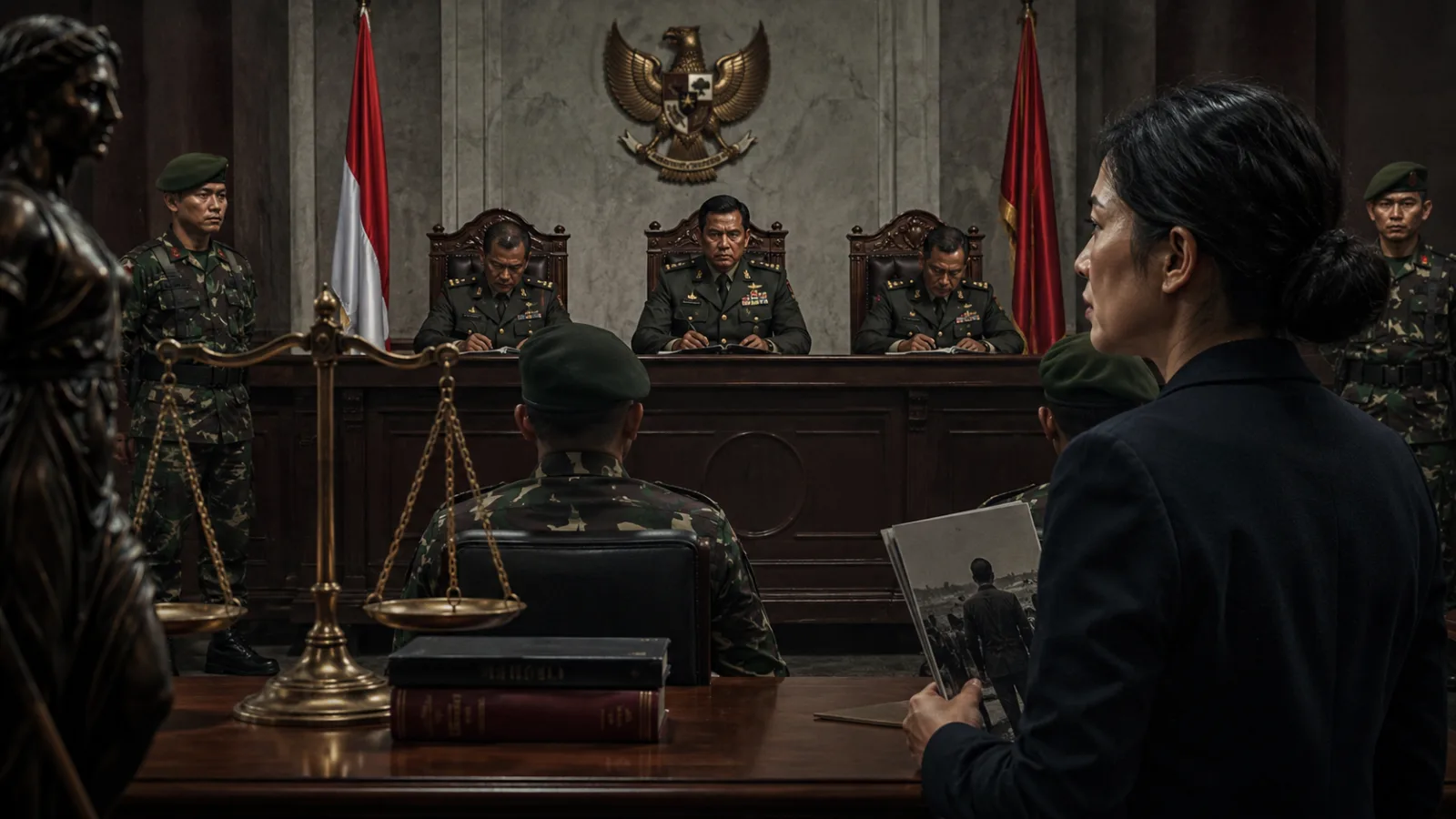 Ilustrasi persidangan militer yang menggambarkan problem yurisdiksi dan supremasi sipil dalam kasus Andrie Yunus.