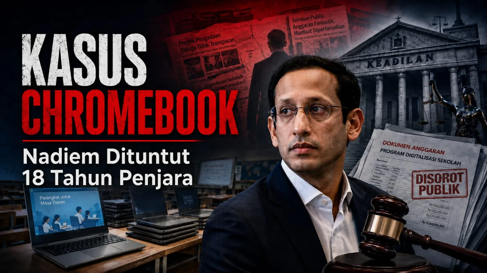 Ilustrasi berita kasus Chromebook dengan Nadiem Makarim, palu hakim, dokumen anggaran, gedung pengadilan, dan laptop sekolah