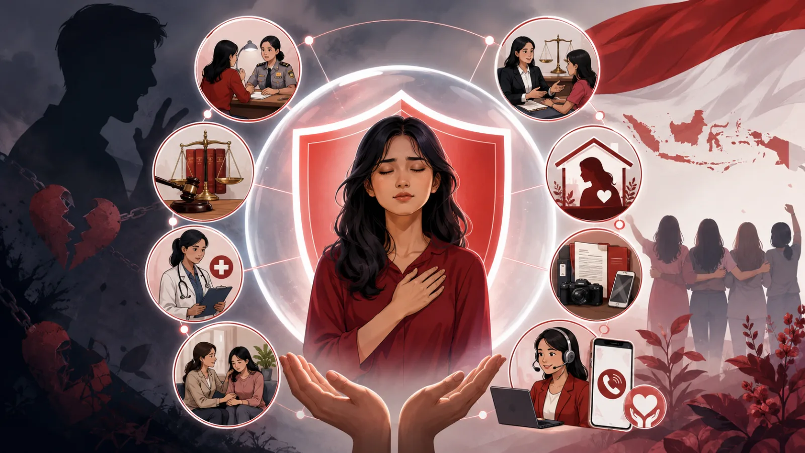 Infografis hak hukum korban kekerasan dalam pacaran berdasarkan Pasal 466 KUHP Nasional 2026 dan UU TPKS, dengan informasi layanan SAPA 129