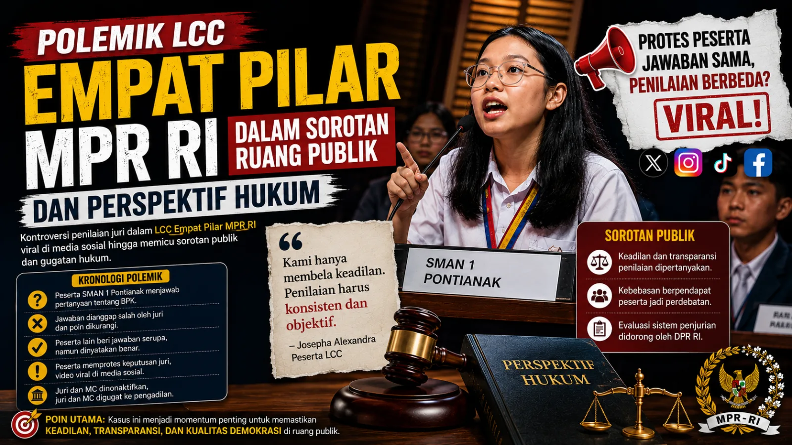 Ilustrasi polemik LCC Empat Pilar MPR RI menampilkan peserta debat dari SMAN 1 Pontianak sedang berbicara di podium, disertai elemen hukum, kronologi kontroversi, dan sorotan publik terkait dugaan perbedaan penilaian juri.