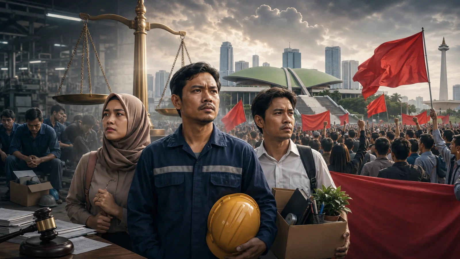 Ilustrasi May Day 2026: buruh kembali menuntut stop PHK, upah layak, dan kepastian kerja.