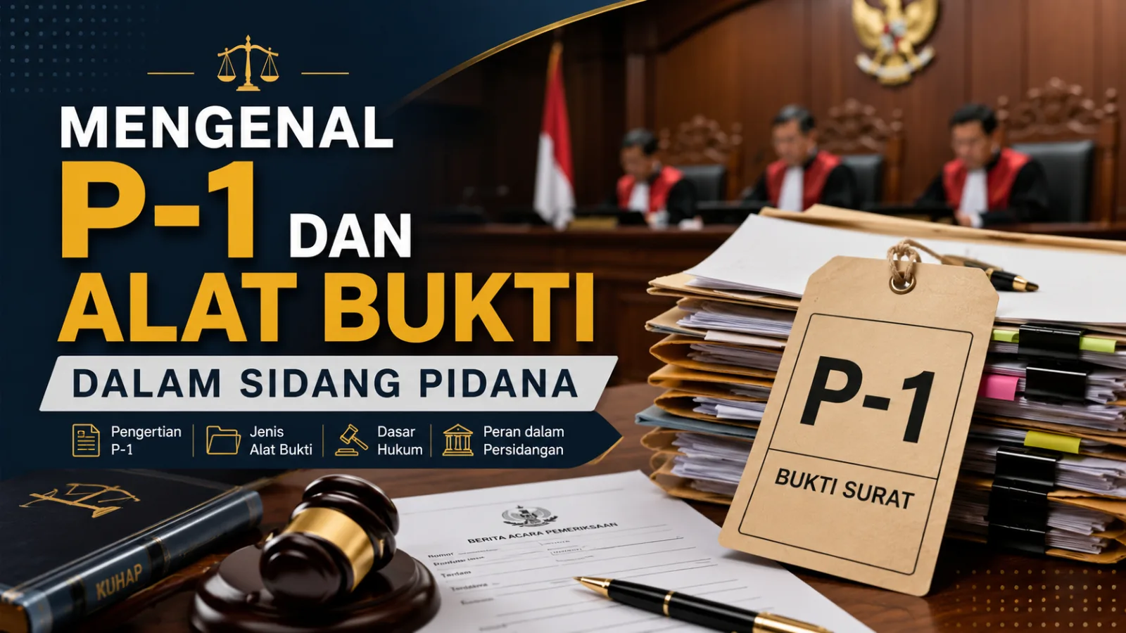 Ilustrasi persidangan pidana dengan dokumen bertanda P-1, palu hakim, berkas perkara, dan majelis hakim di ruang sidang pengadilan