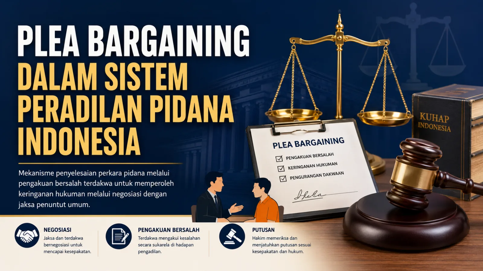 Plea Bargaining dalam sistem peradilan pidana Indonesia dengan elemen hakim, palu sidang, dan negosiasi hukum.