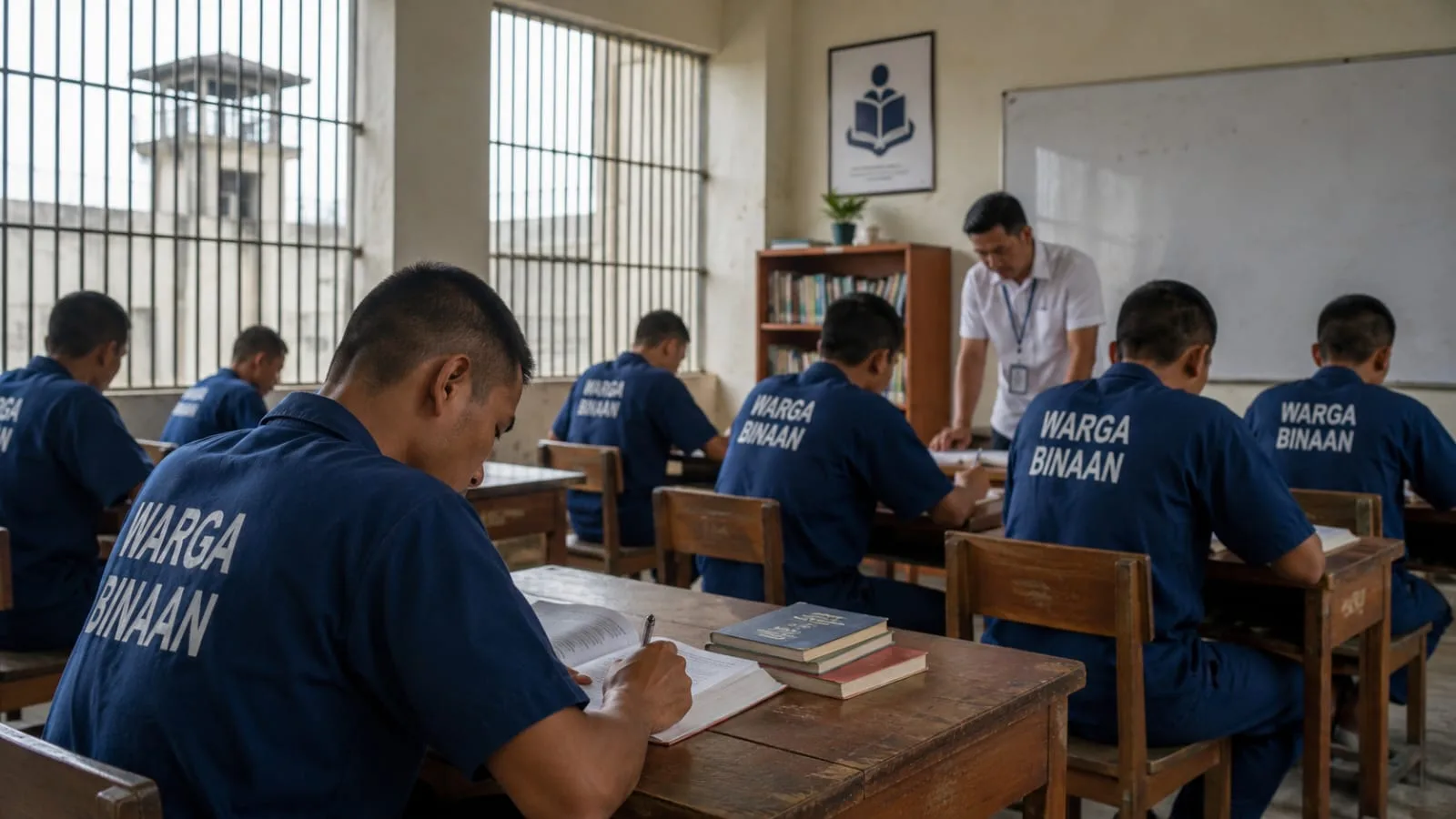 Ilustrasi narapidana belajar di dalam lembaga pemasyarakatan sebagai bagian dari hak pendidikan warga binaan.