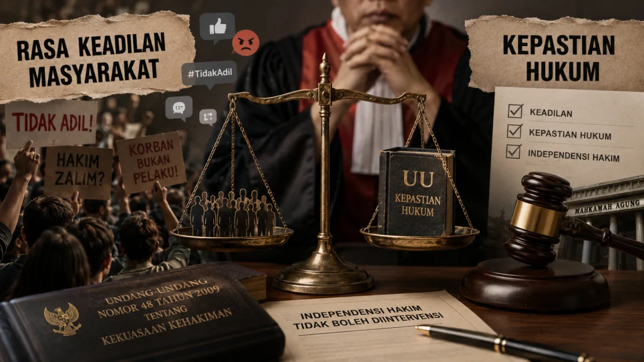 Ilustrasi timbangan keadilan, hakim, dan opini publik yang menggambarkan dilema antara rasa keadilan masyarakat dan kepastian hukum.