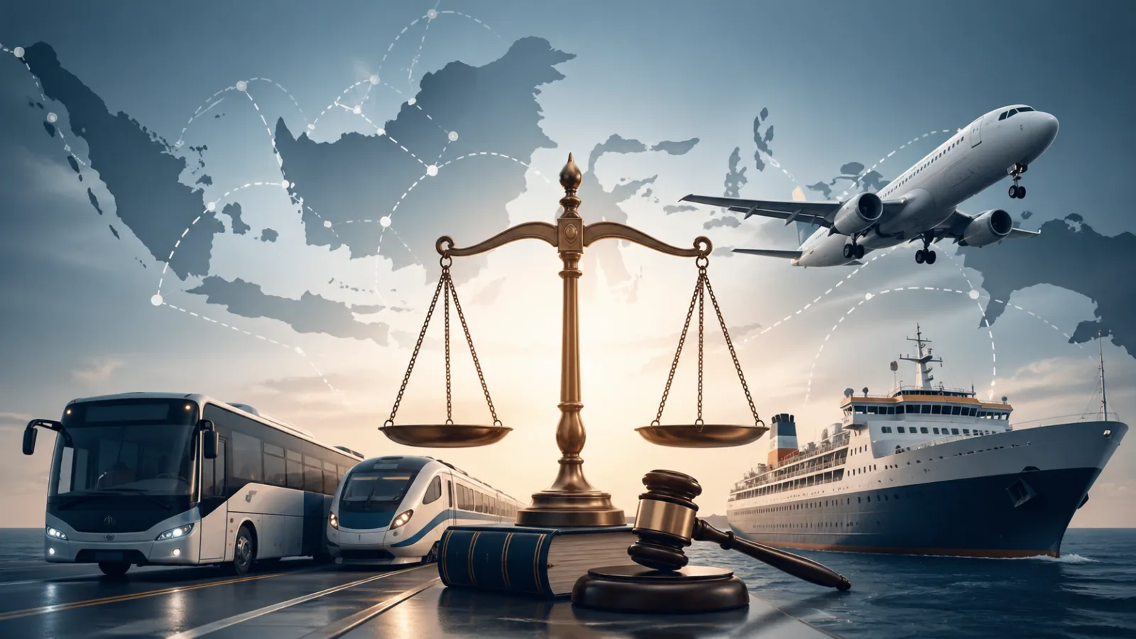 Ilustrasi editorial transportasi publik di Indonesia: siluet bus, kereta, kapal, dan pesawat dalam satu komposisi, dengan simbol timbangan hukum dan garis rute transportasi. Nuansa serius, profesional, tanpa darah, tanpa wajah korban, tanpa teks.