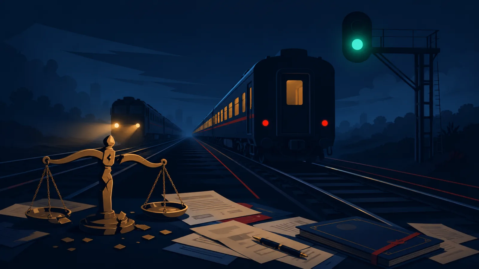 Ilustrasi editorial tabrakan kereta api Bekasi Timur 2026 dengan sinyal hijau dan timbangan hukum retak sebagai simbol kegagalan sistemik