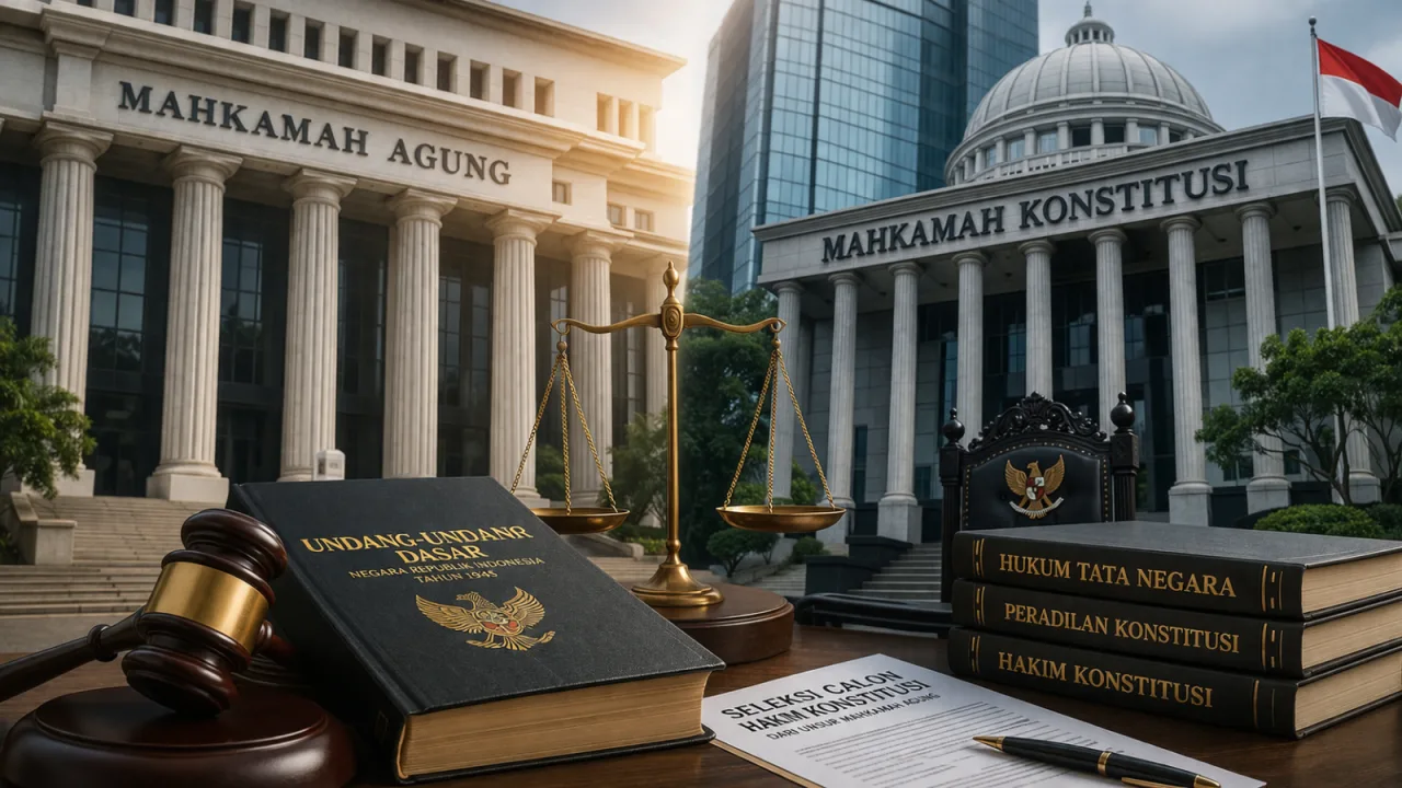 Ilustrasi gedung Mahkamah Agung dan Mahkamah Konstitusi dengan simbol hukum, menggambarkan proses seleksi hakim konstitusi pengganti Anwar Usman.